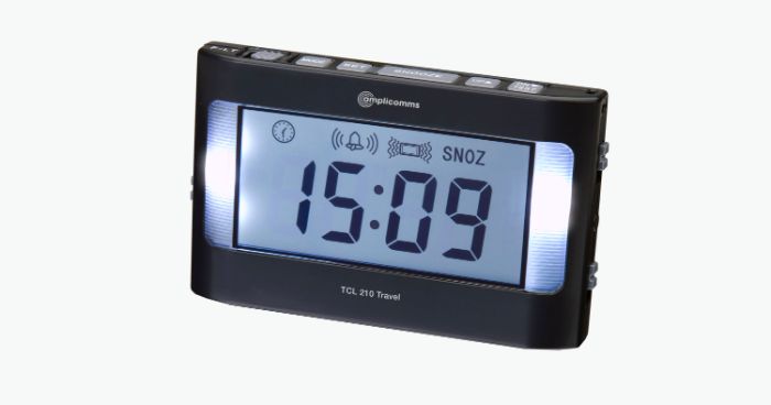 Despertador com alarme luminoso e sonoro.