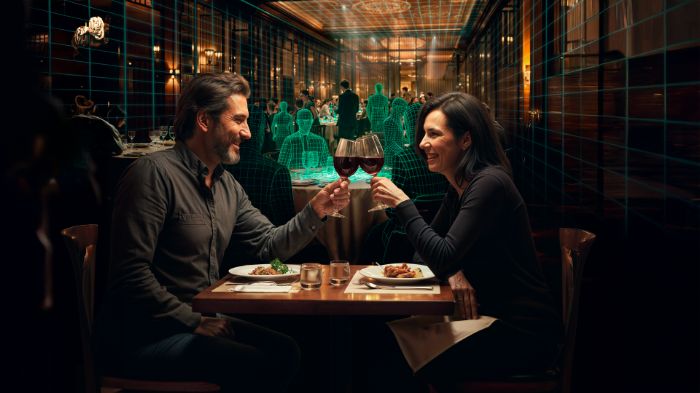 Casal desfruta, sem ruídos, de aparelho auditivo ampli-mini AI num restaurante.