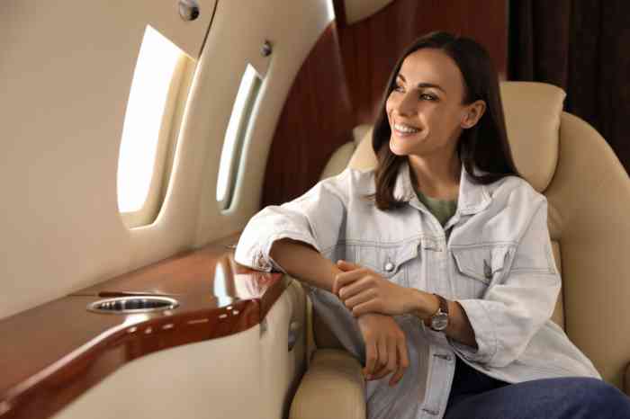 Mulher a sorrir e a olhar pela janela de um avião