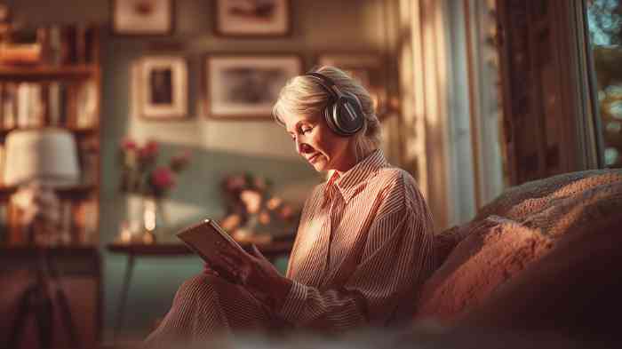 Mulher no sofá da sua casa, com auscultadores nos ouvidos, a realizar um teste auditivo online da Minisom